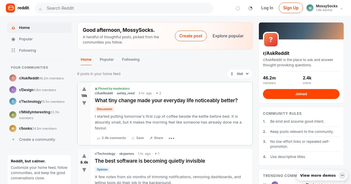 Screenshot of the Reddit demo